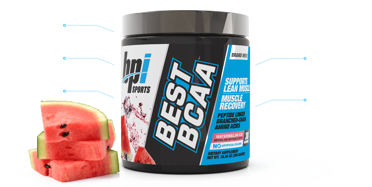 Container of Best BCAA with benefits and a stack of 3 slices of watermelon