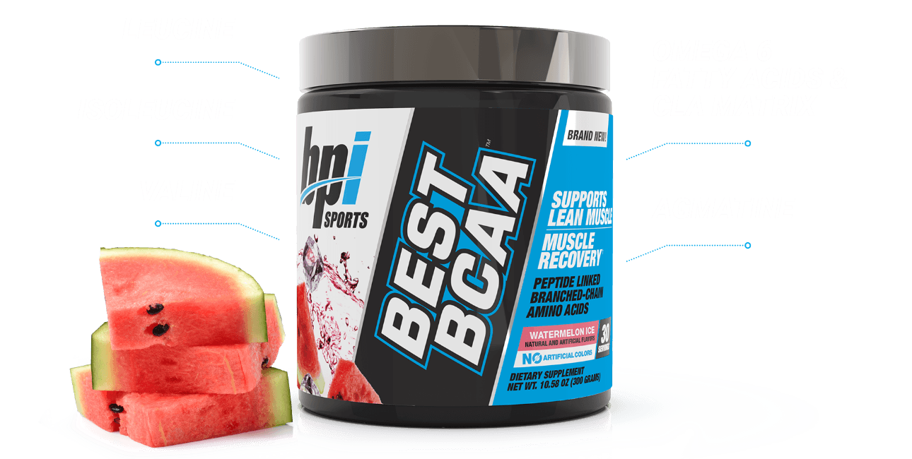 Envase de Best BCAA con beneficios y pila de 3 rodajas de sandía