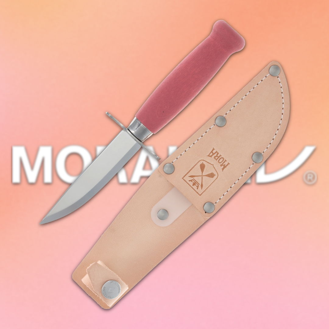Knife with pink handle and leather sheath on a gradient background.