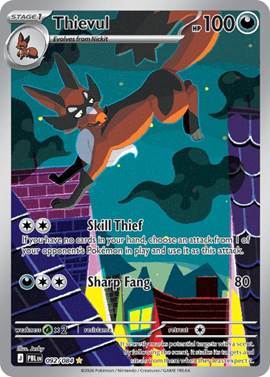 Thievul Pokémon card featuring abilities and artwork of the character.