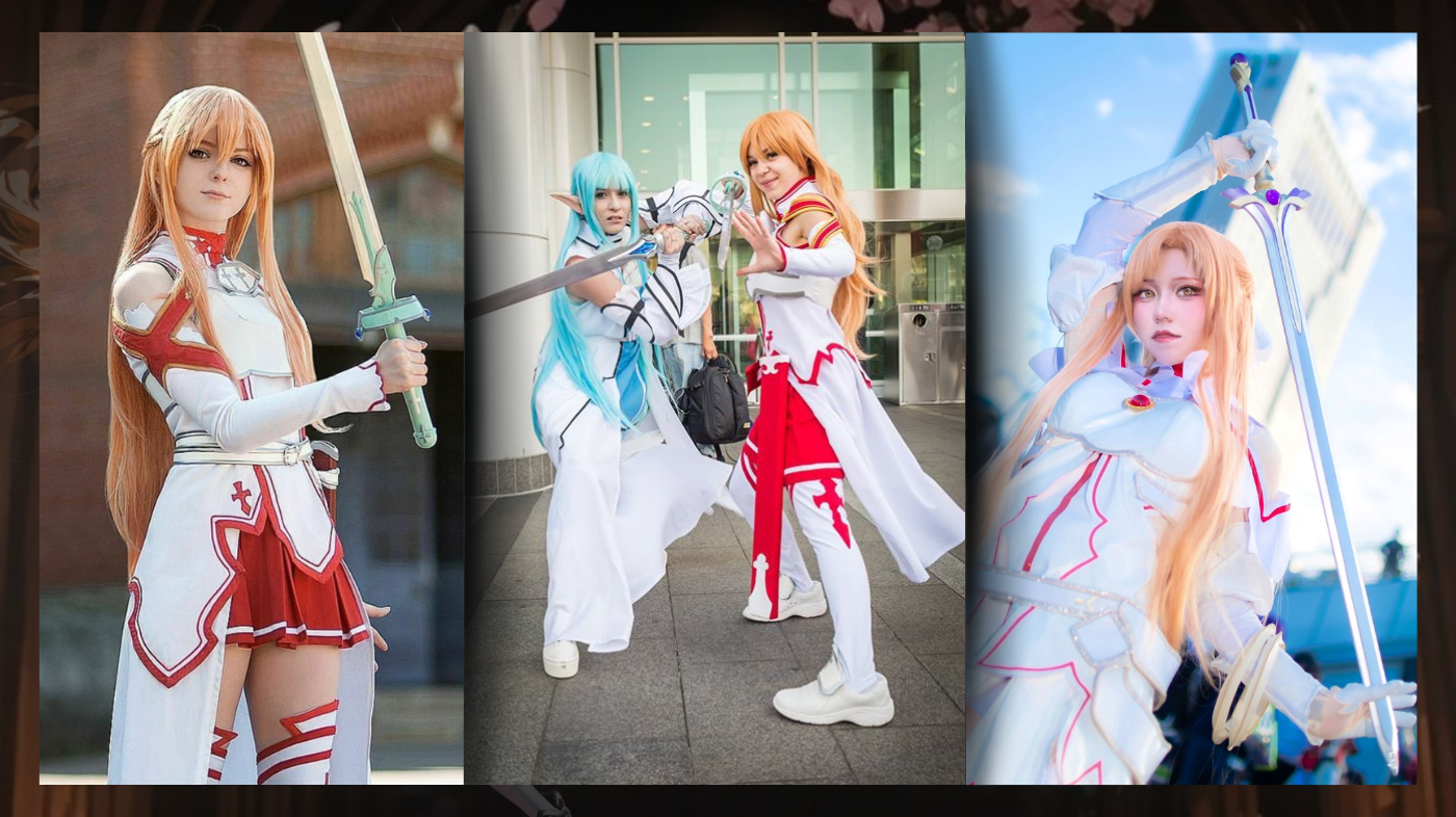 Multiple Asuna Yuuki cosplayers posing in Sword Art Online cosplay, showcasing Knights of the Blood Oath costumes with swords, dynamic action stances, and elegant anime-inspired character photography.
