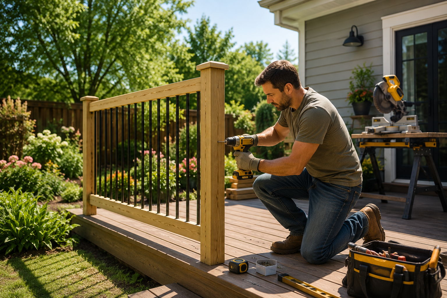 Man installing a wooden railing on a deck in a sunny backyard.