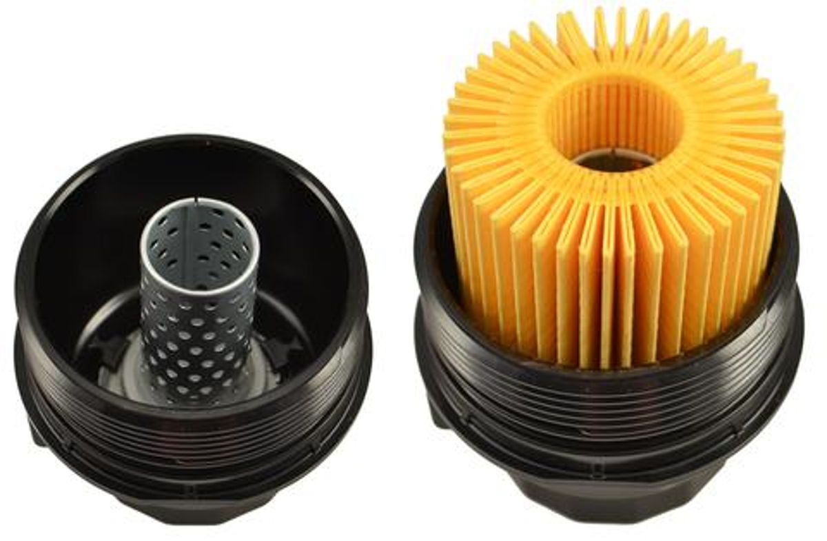 Bottom view of the Toyota oil filter housing with and without the filter