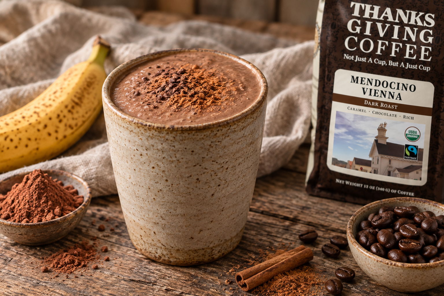 Mayan Mocha Smoothie made with Mendocino Vienna cold brew, cacao, banana, and cinnamon