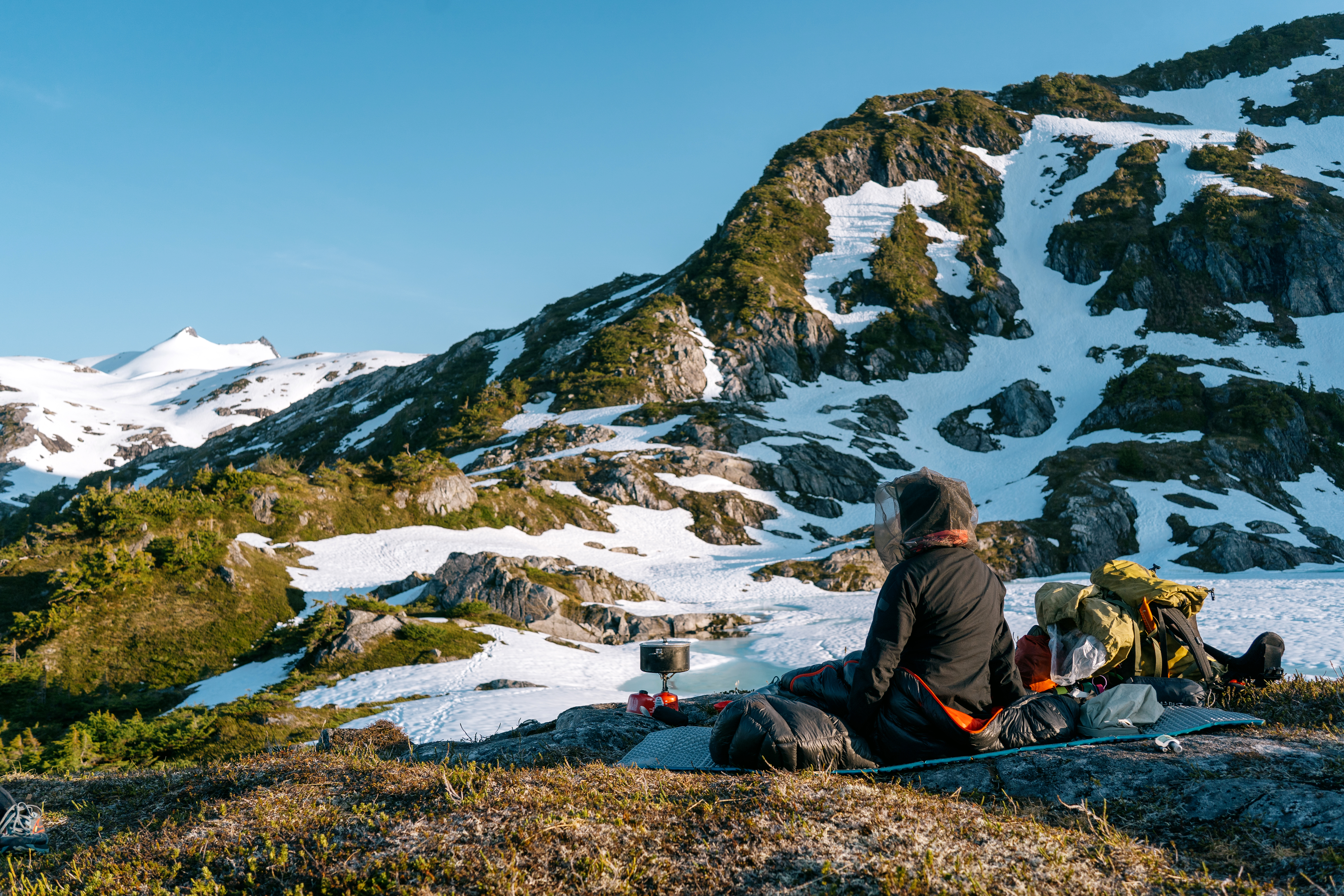 Person sitting on a rock, overlooking snow-capped mountains and green landscape.