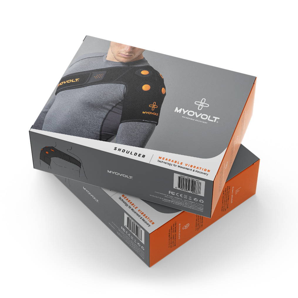 Myovolt vibration therapy sports brace relieves soreness, stiffness and tension for shoulder and joint pain. Localized vibration promotes circulation and reduces pain from overuse injury and repetitive strain