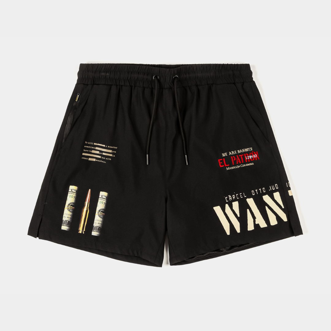 Black shorts with various graphic prints and a drawstring waist.