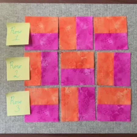 Sticky notes marking the rows of the Virginia Worm Fence Quilt Block