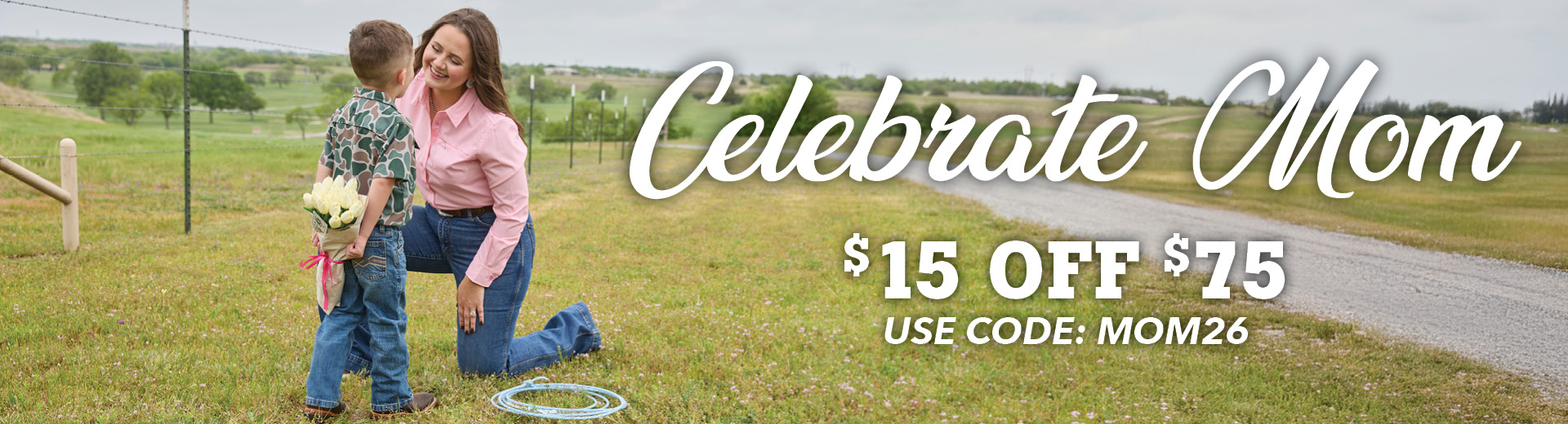 Mother and child celebrating, with a promotional message for Mother's Day.