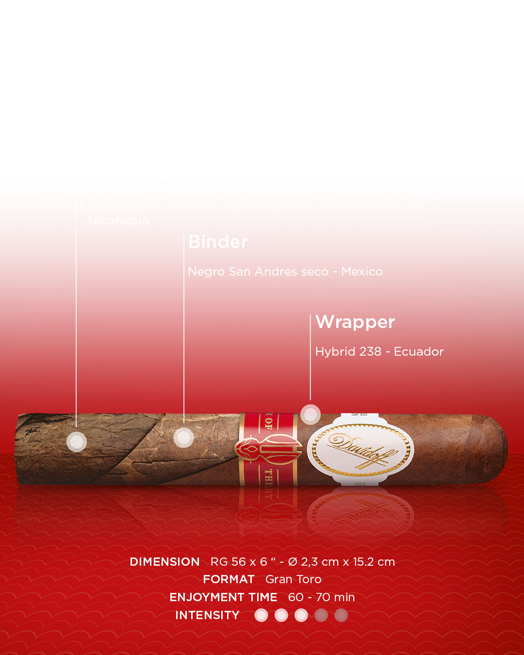 Blend breakdown of Davidoff Year of the Rabbit Limited Edition gran toro cigar. Filler from the Dominican Republic and Nicaragua, binder from Mexico, wrapper from Ecuador. Enjoyment time of 60 to 70 minutes with medium intensity.  