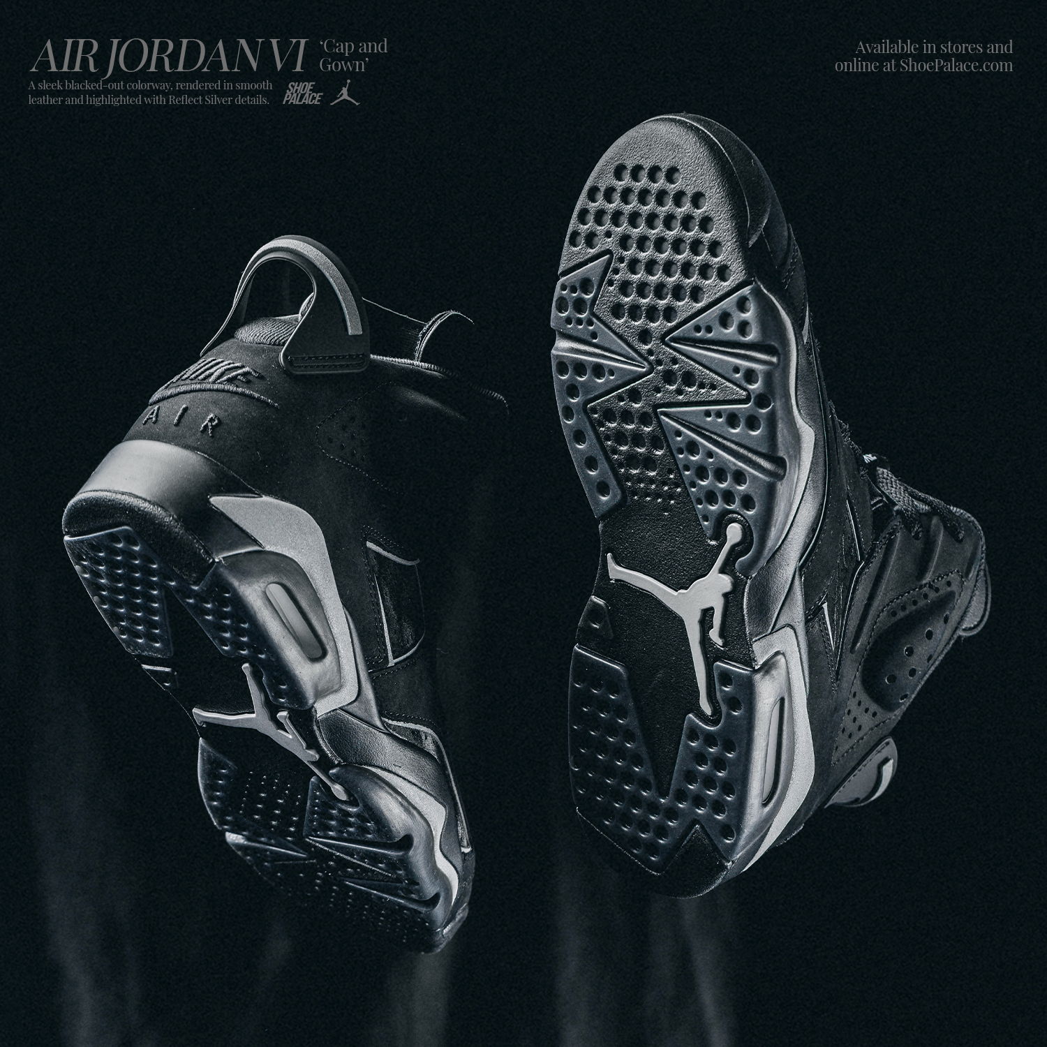 Air Jordan VI sneakers, showcasing their black design and iconic sole pattern.