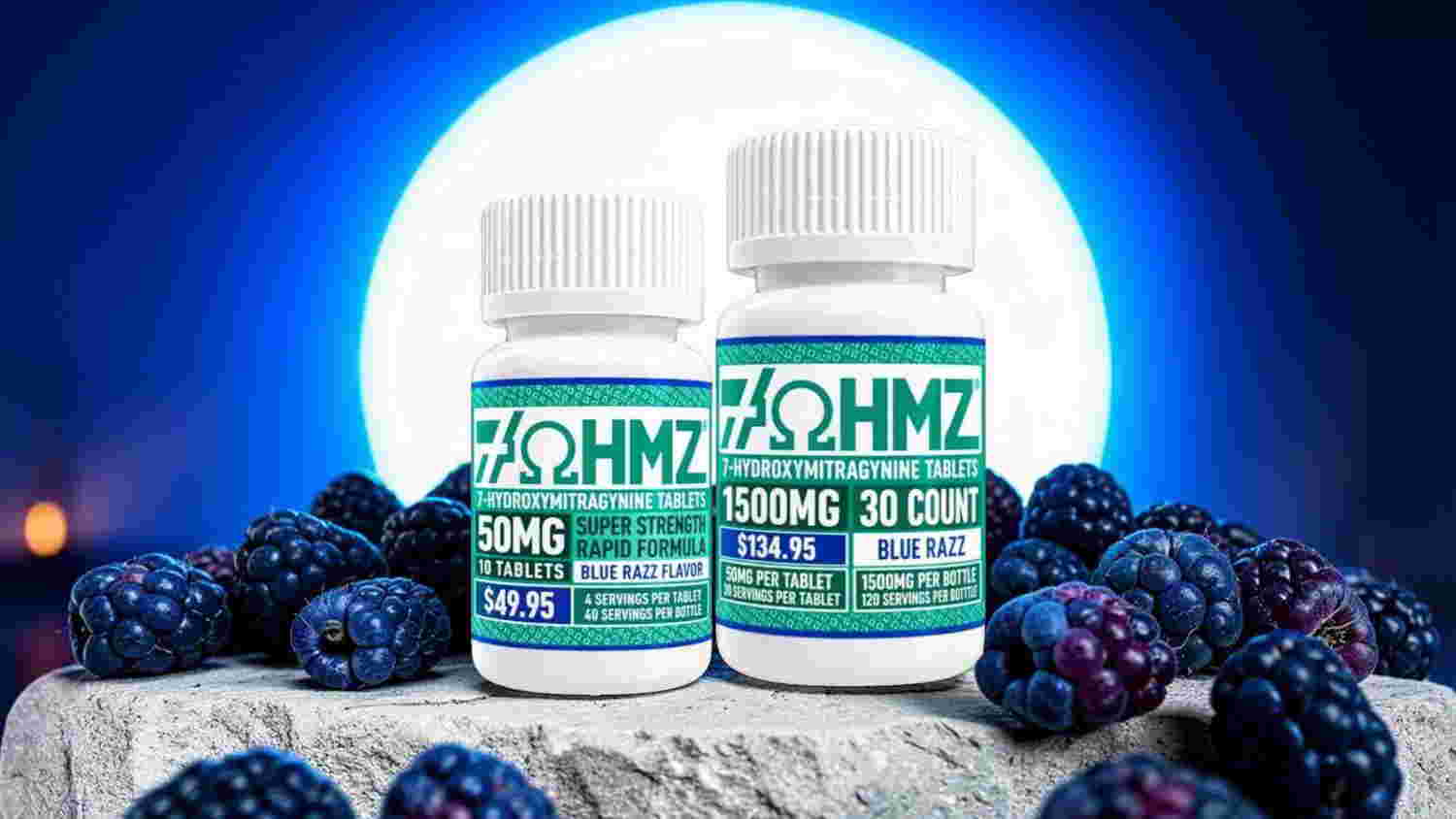 Bottles of supplements surrounded by blackberries against a glowing blue background.