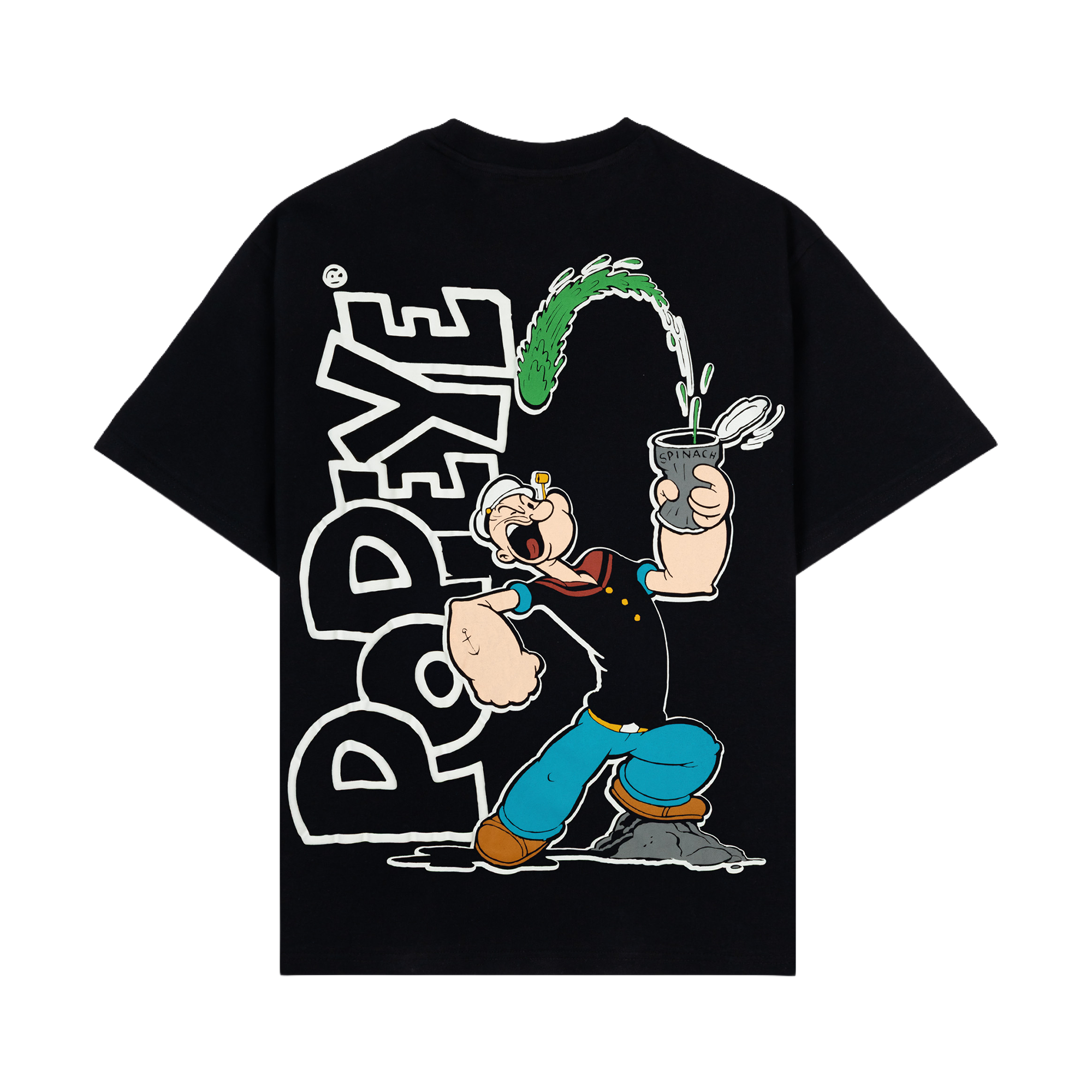 Black t-shirt with graphic print and green logo on the front.