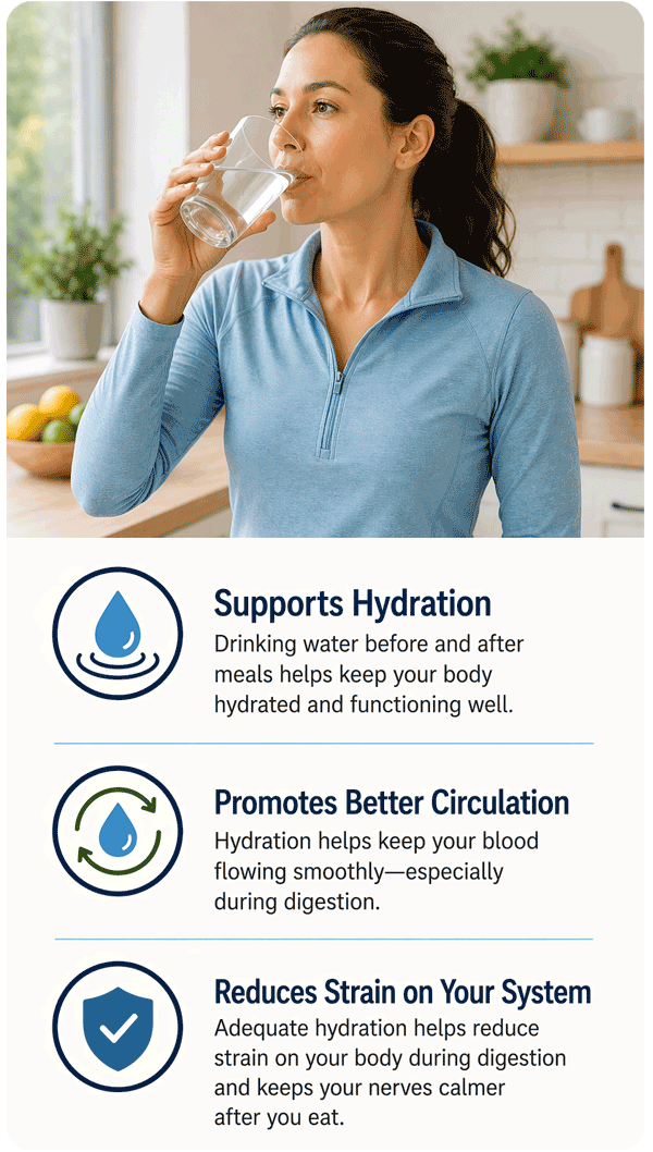 Woman drinking water, promoting hydration, circulation, and digestive comfort.