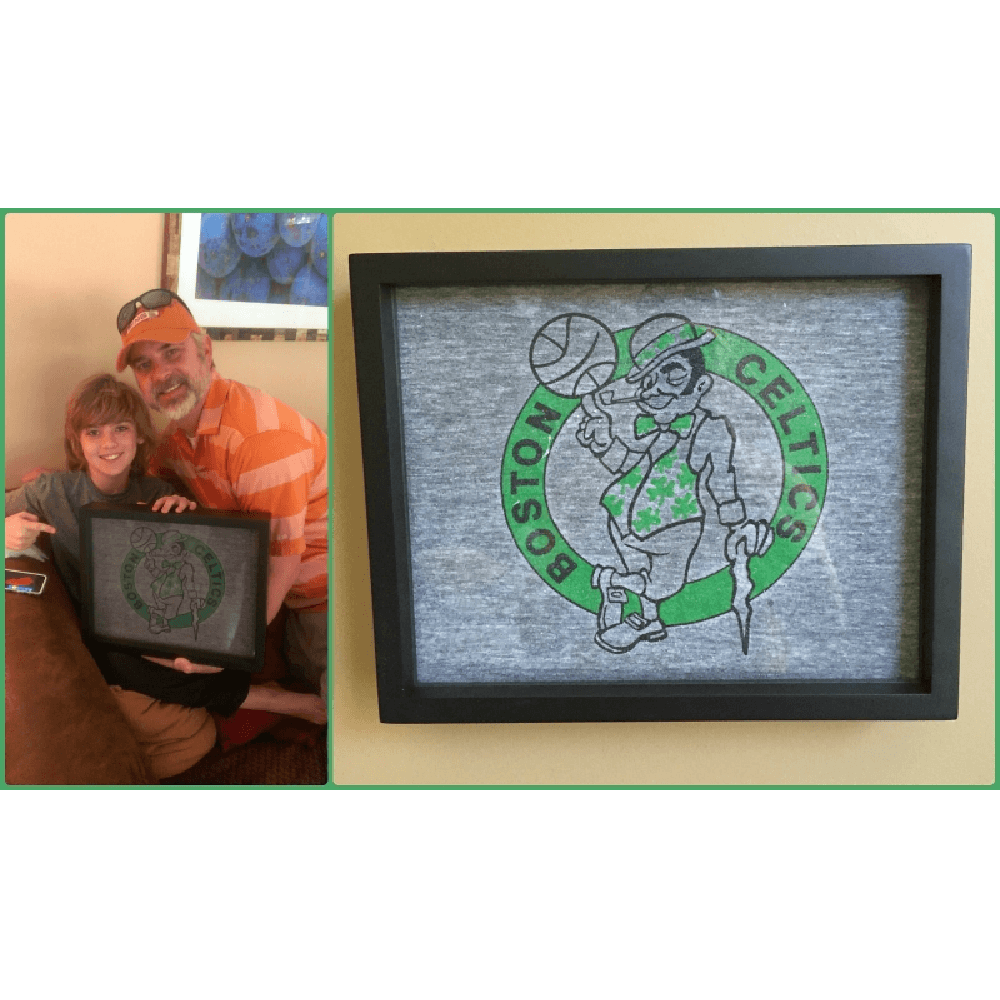 Father and son smiling and holding their Shart together with a Boston Celtics tee shirt in a Shart Original T-Shirt Frames