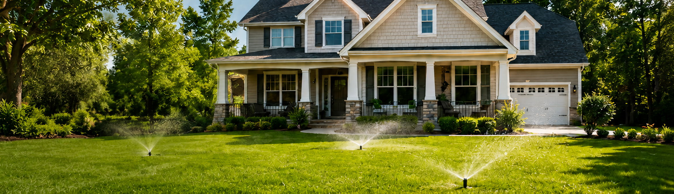 A house with a well-maintained lawn and sprinkler system.