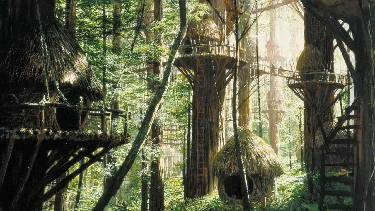 Treehouses nestled in a lush forest, illuminated by soft sunlight.