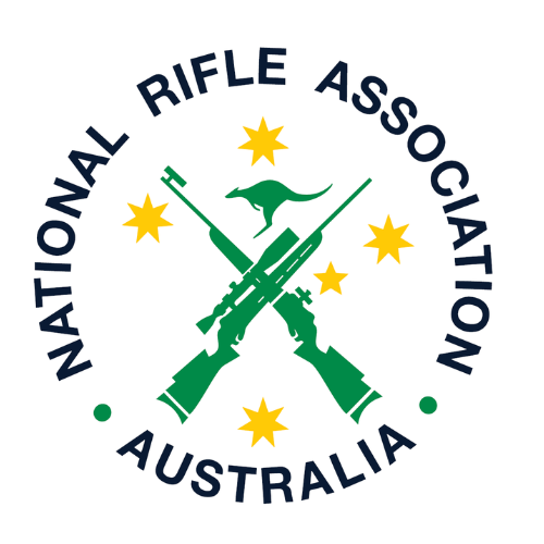 Logo of the National Rifle Association Australia with rifles and a kangaroo.