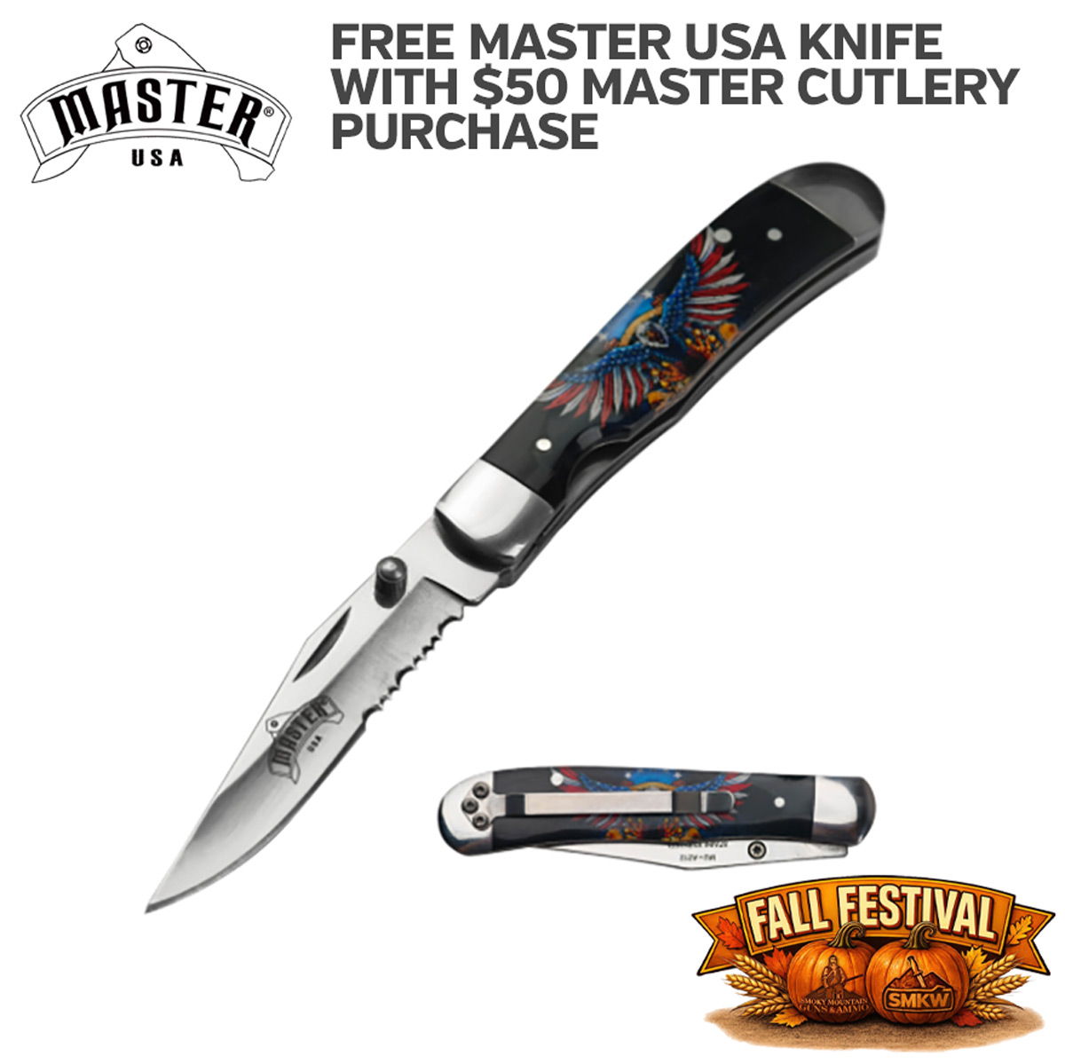 Free Master USA knife with $50 Master Cutlery purchase at Fall Fesitval