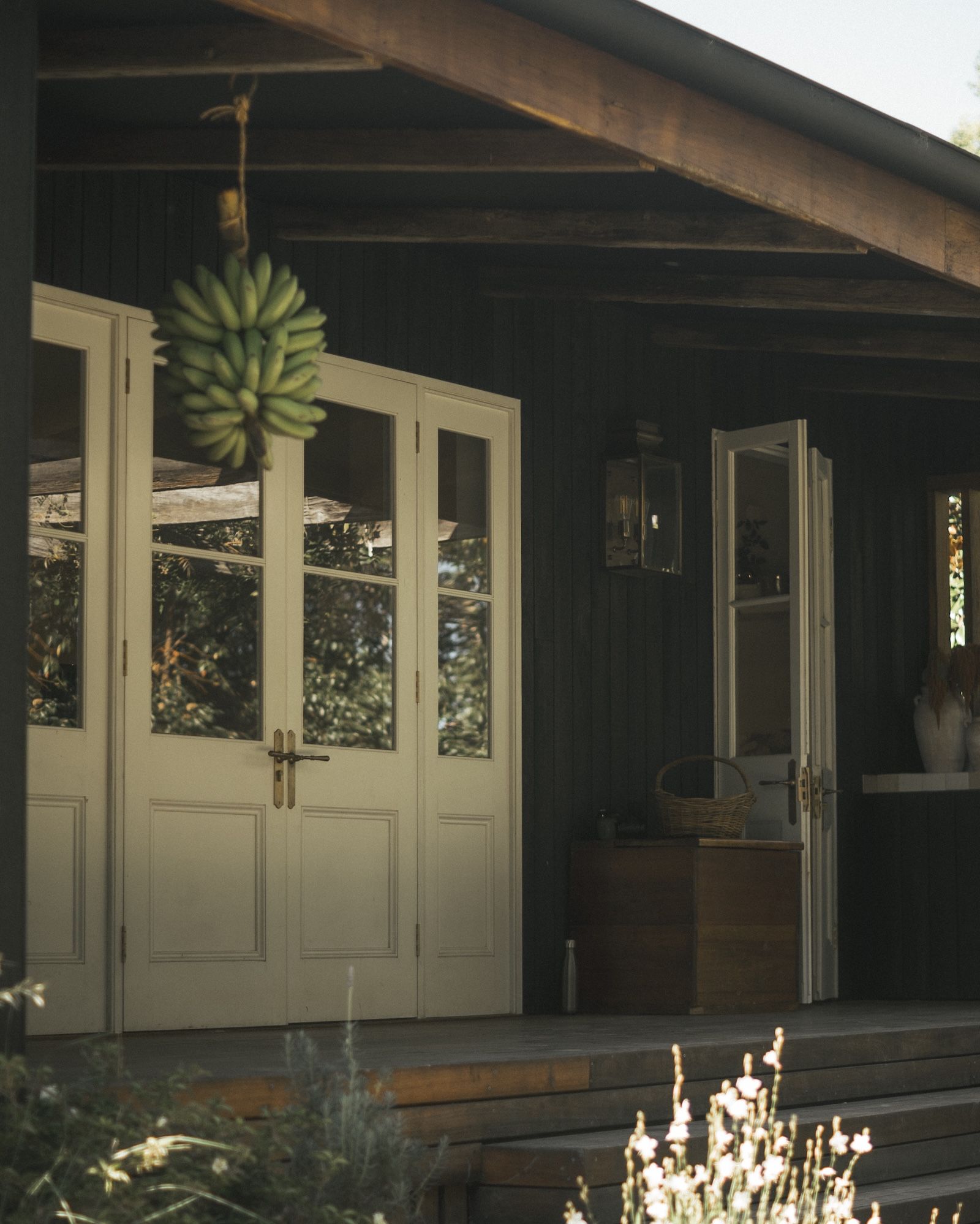 A rustic porch with open white doors and a hanging plant.