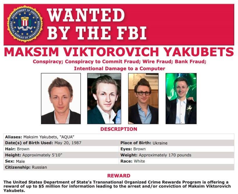 Wanted By The FBI Poster for Maksim Yakubets