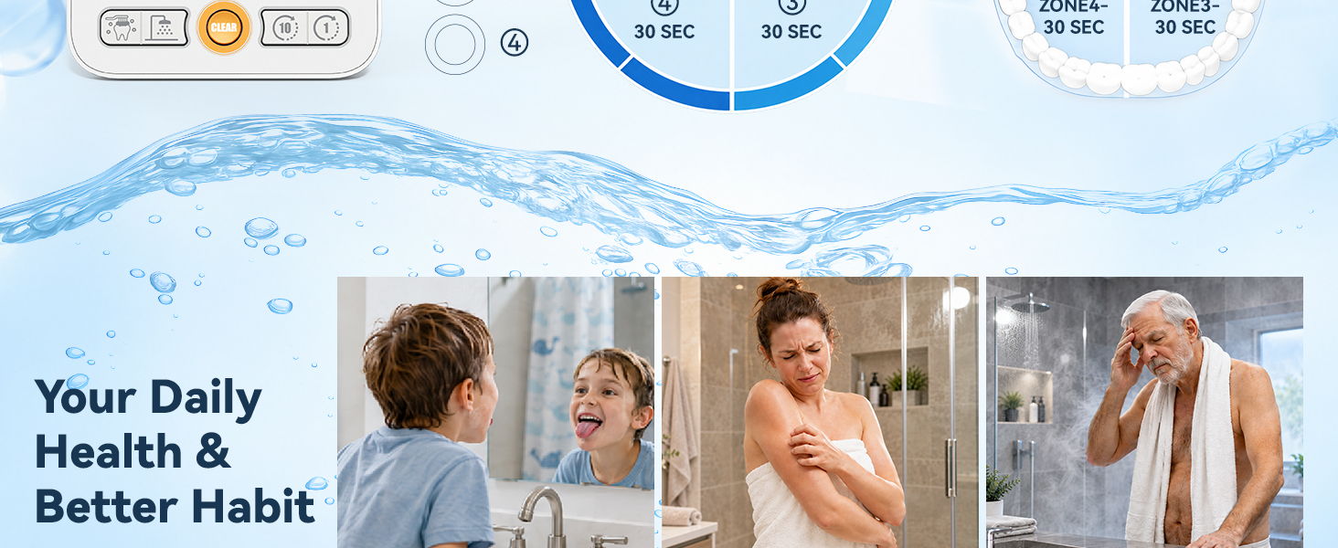 Image promoting daily health habits with water usage tips and diverse individuals.