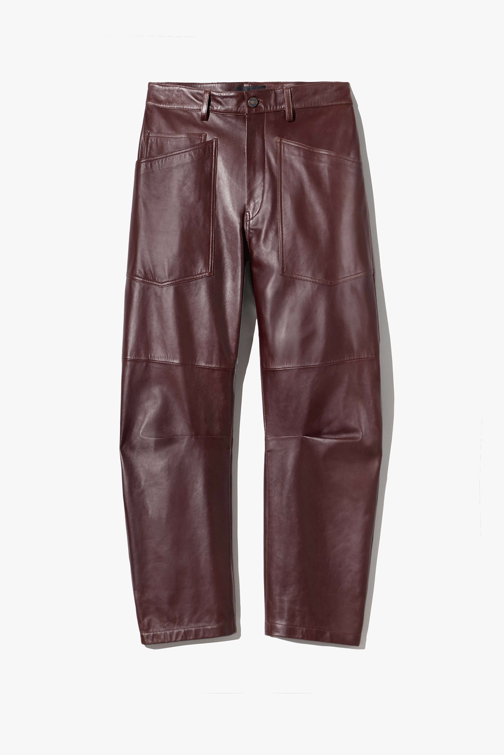 Maroon leather pants displayed on a plain background.