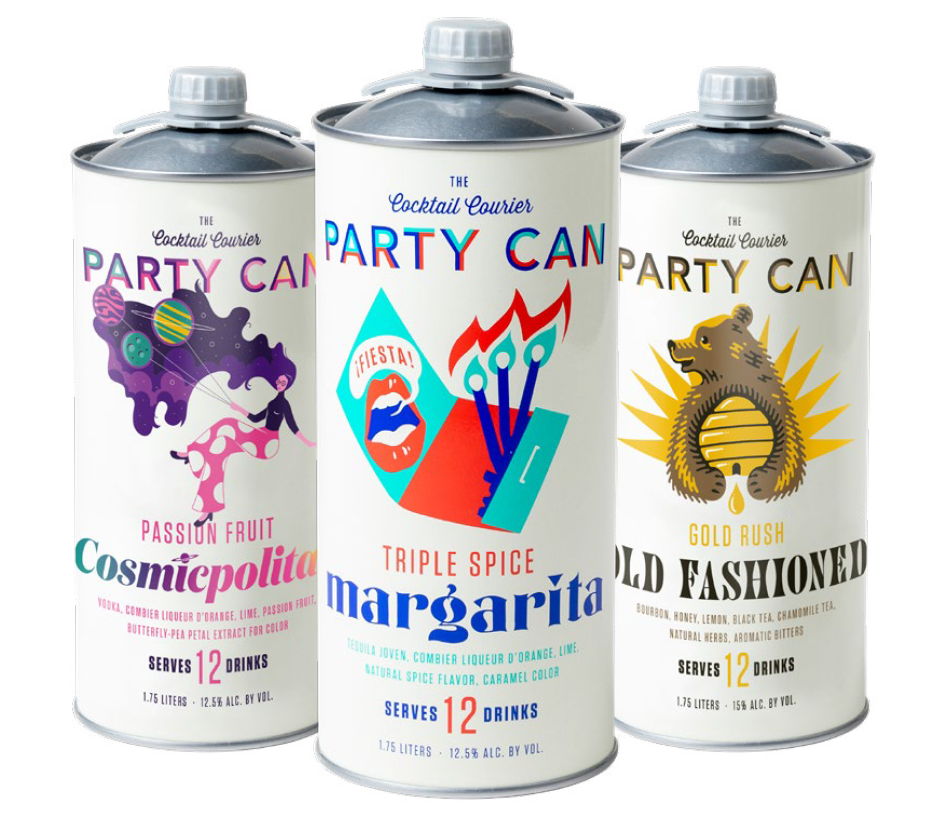 Three colorful cocktail cans labeled Cosmopolitan, Margarita, and Old Fashioned.