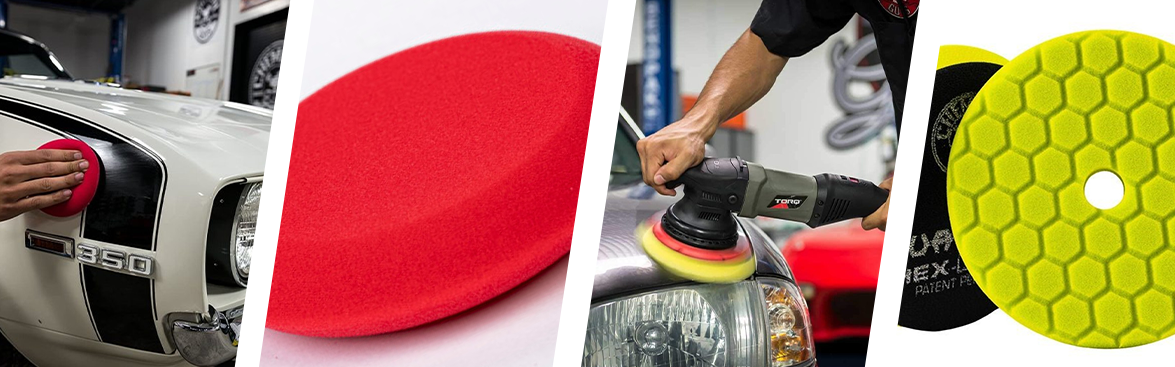 Photo collage of pads and sponges for automotive detailing. 