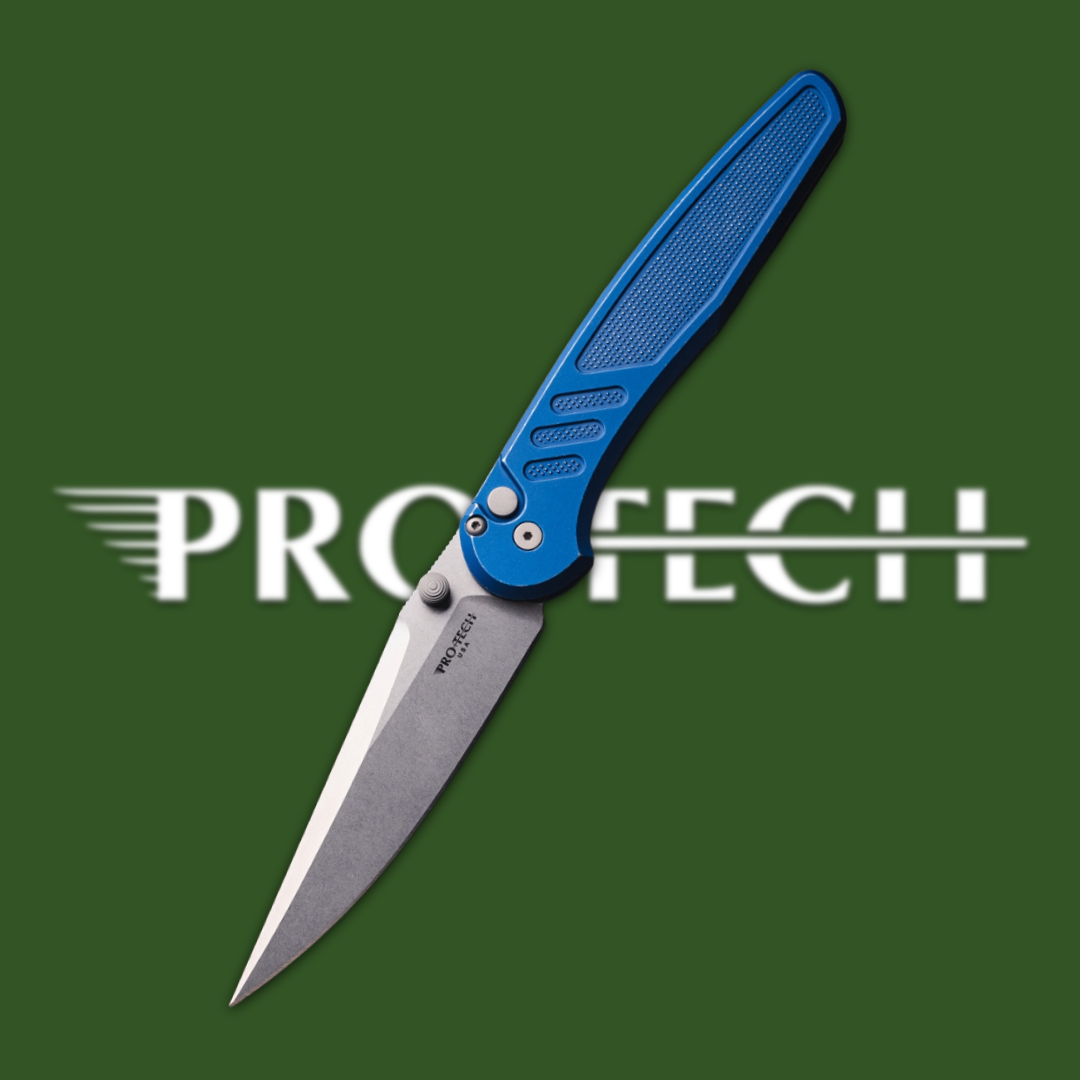 A blue folding knife with a silver blade against a green background.