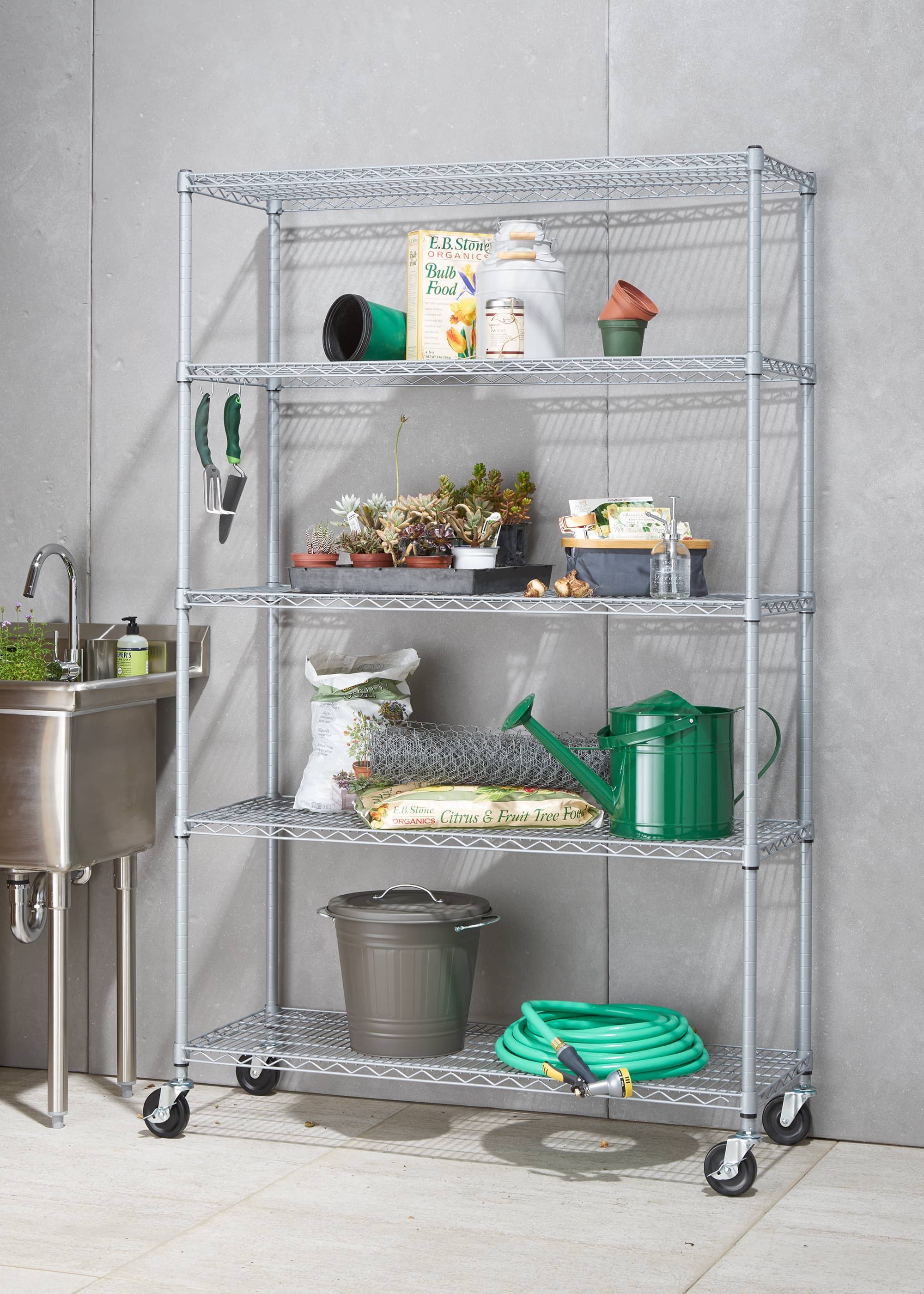 gray outdoor wire shelving rack for gardening use