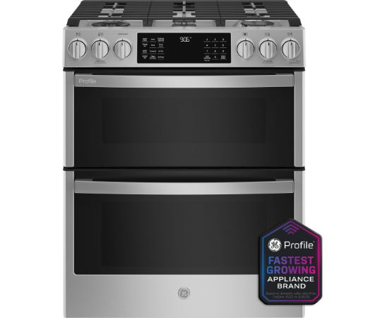 Stainless steel double oven gas range with digital controls and a badge.