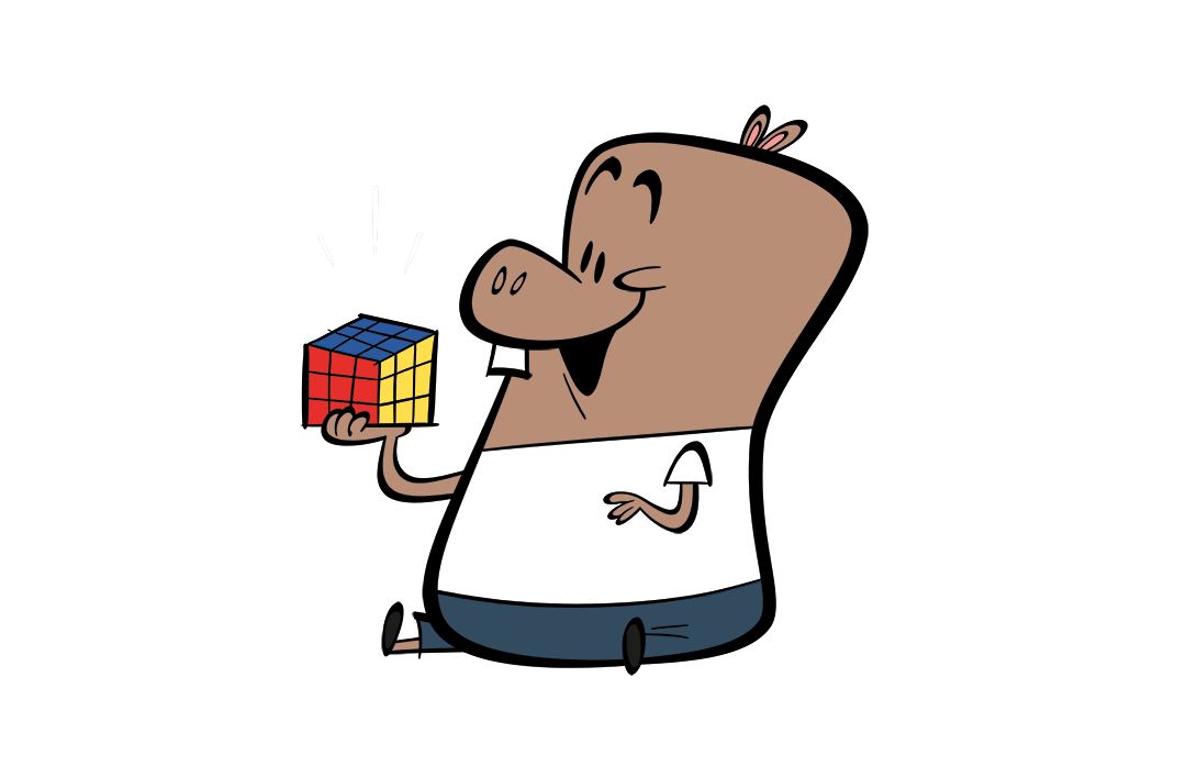 illustrated character with a puzzle cube