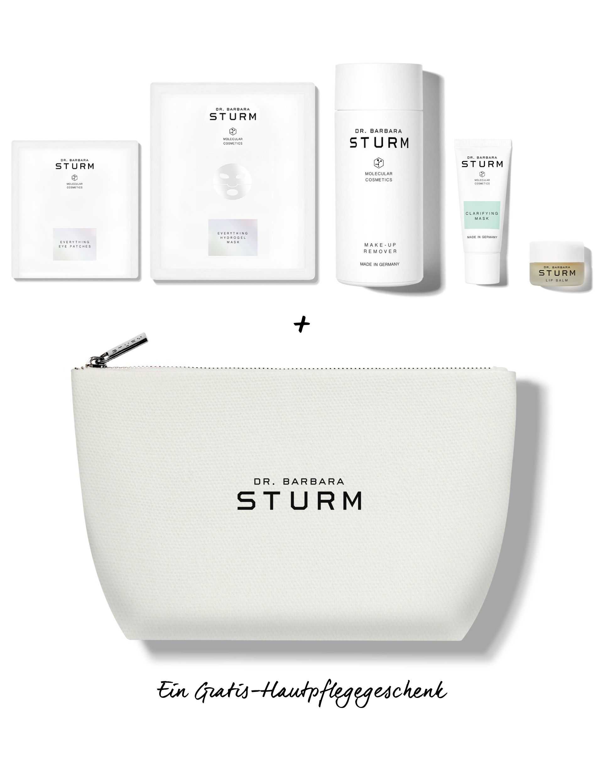 Skincare products and pouch by Dr. Barbara Sturm.