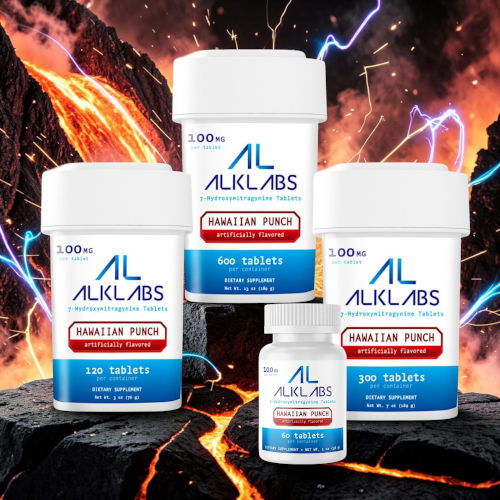 Bottles of ALKLABS supplements with a volcanic background.