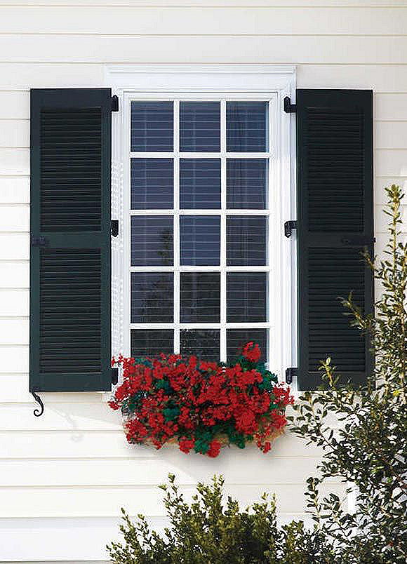 Window with green shutters and a flower box filled with red flowers.