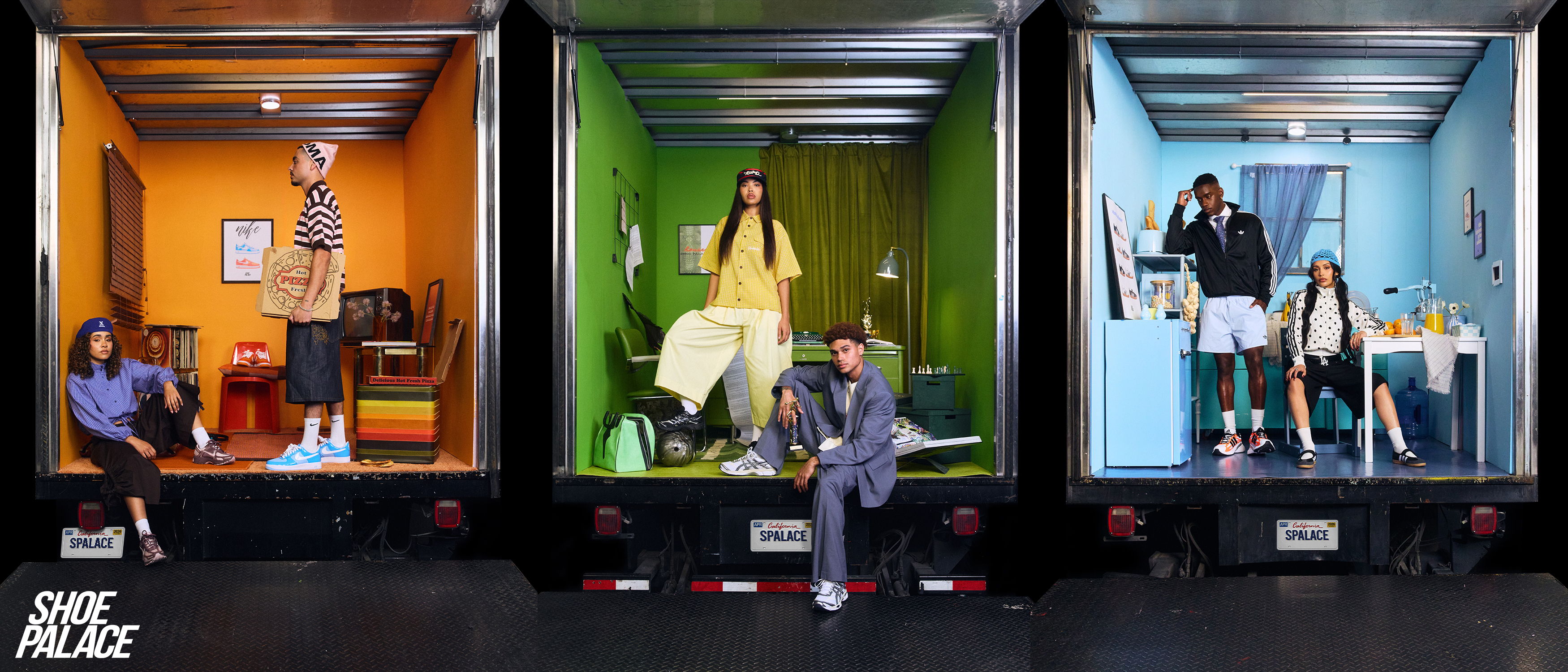 Three colorful rooms with people posing inside each container.