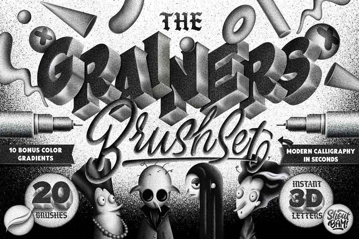 The Grainers Brush Set calligraphy and 3D lettering brushes for Procreate by Shoutbam.