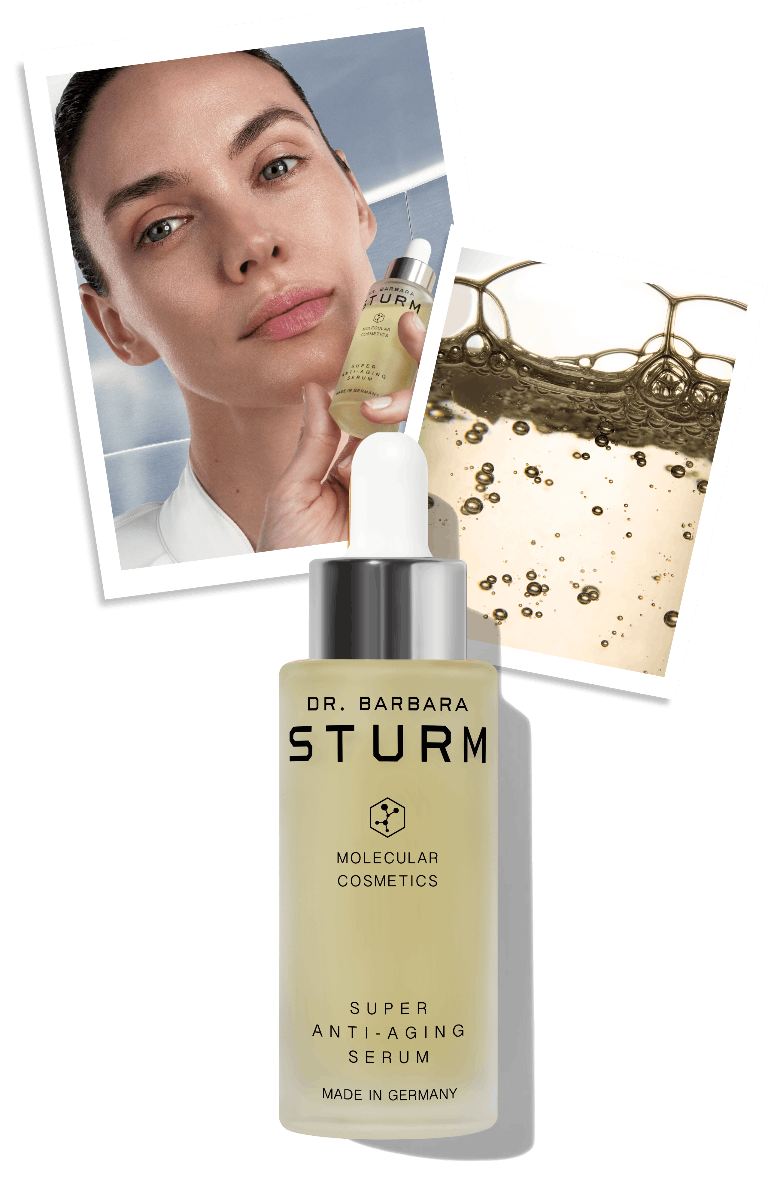 Product image of Dr. Barbara Sturm Super Anti-Aging Serum with model and texture.