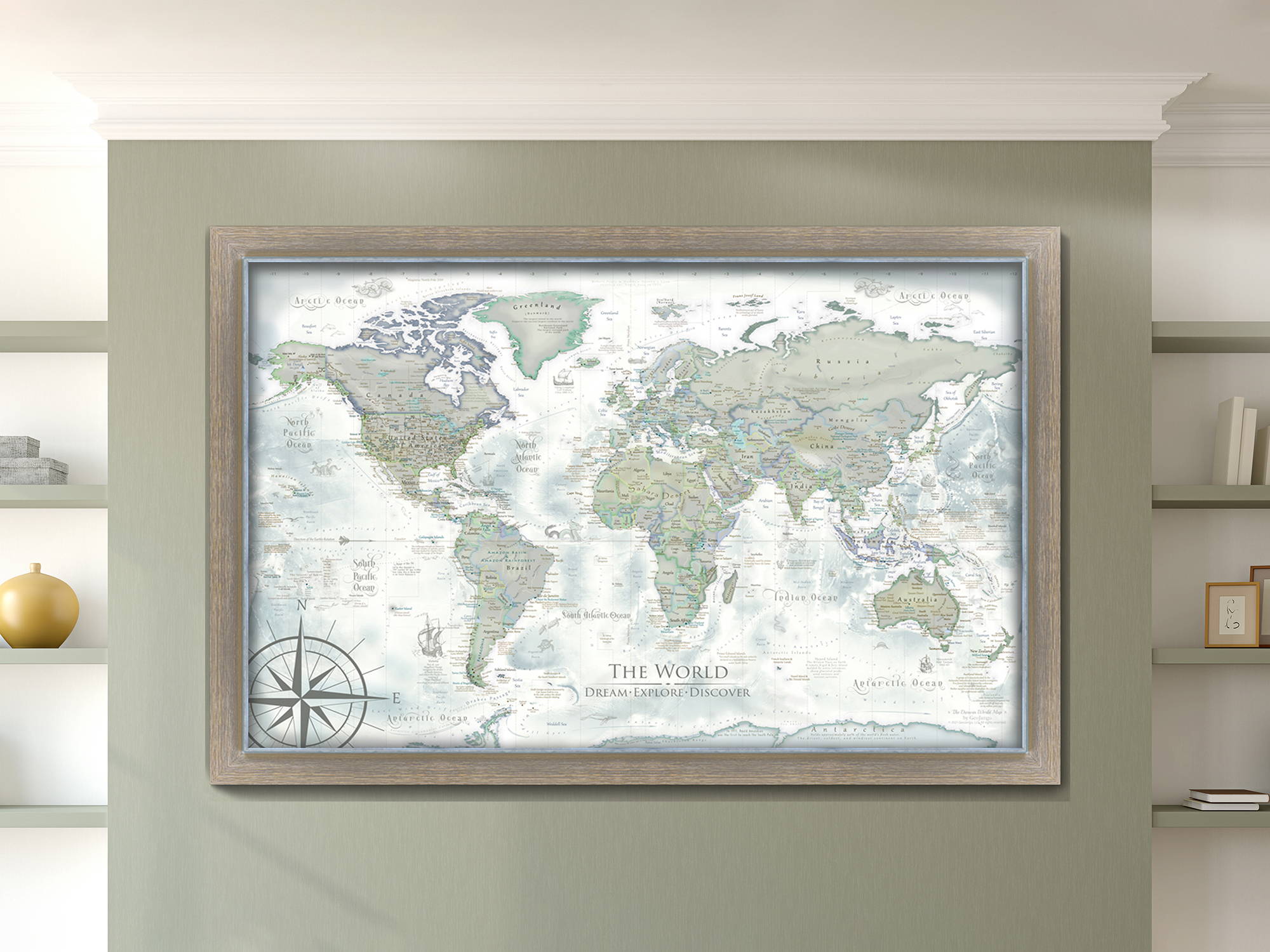 Customizable world map with push pins in a stylish frame