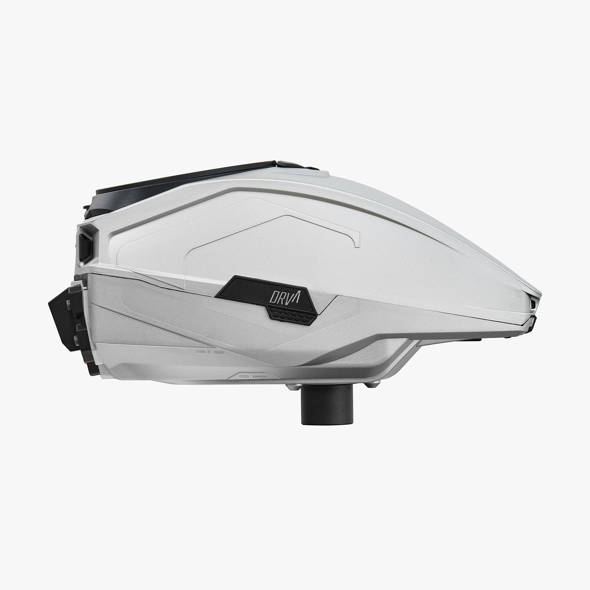 Silver paintball hopper viewed from the side.