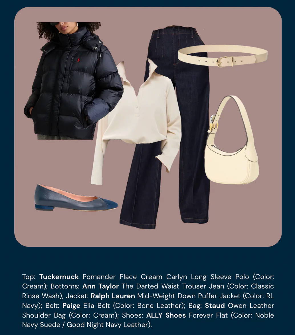 Fashion outfit layout with clothing and accessories from various brands.
