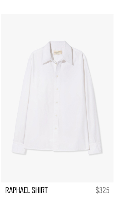 White long-sleeve shirt with a collar, labeled 