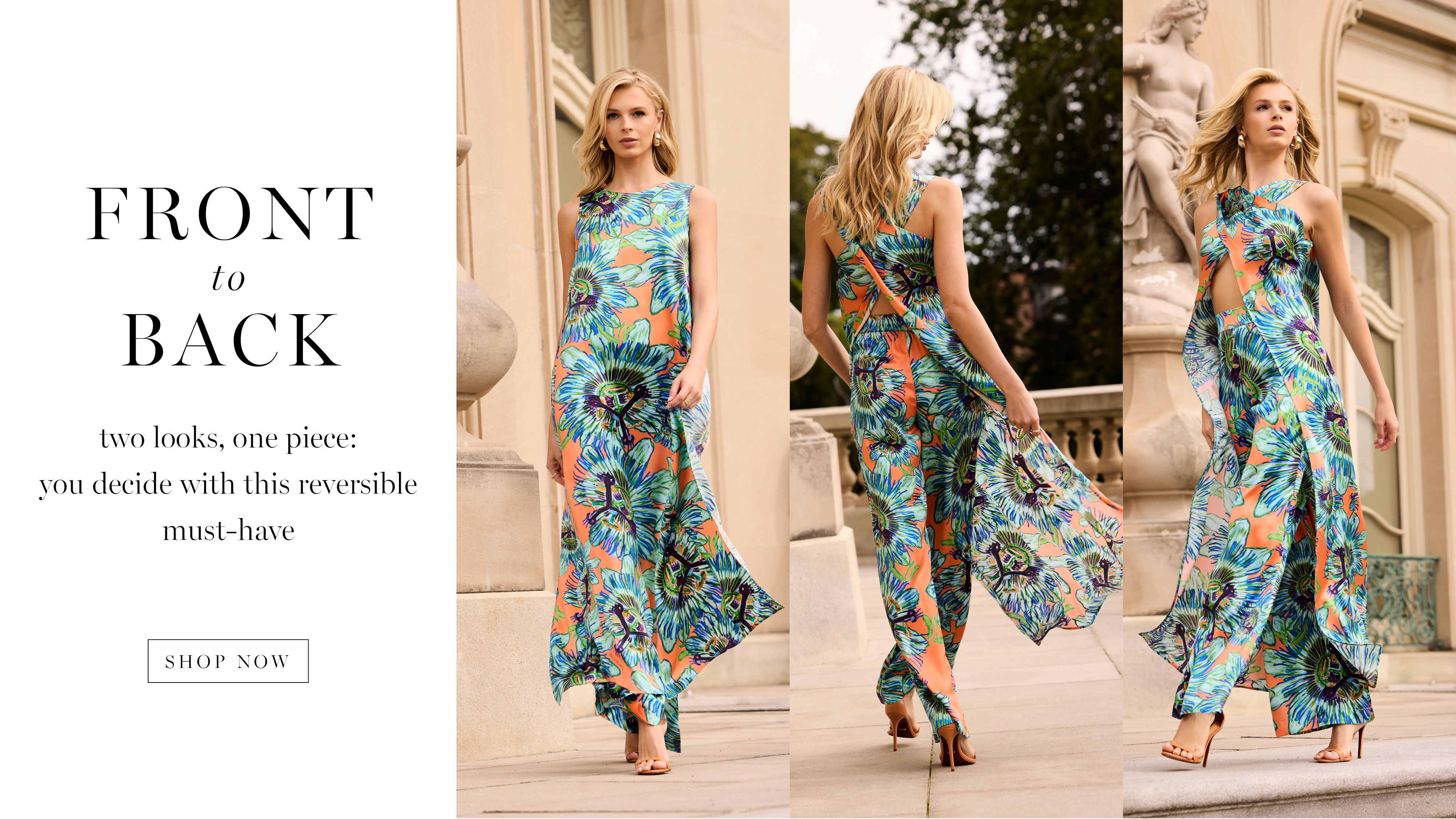 Model wearing a floral dress, showcasing front and back views.