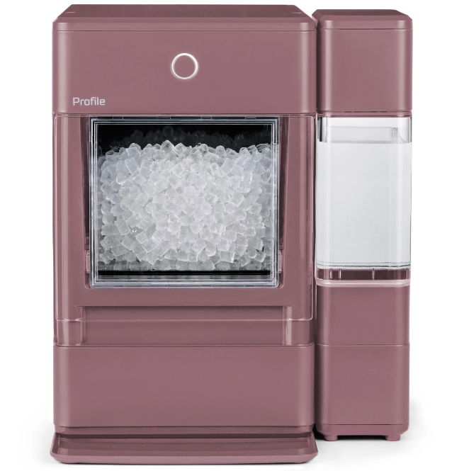 Purple ice maker with a visible compartment of ice.