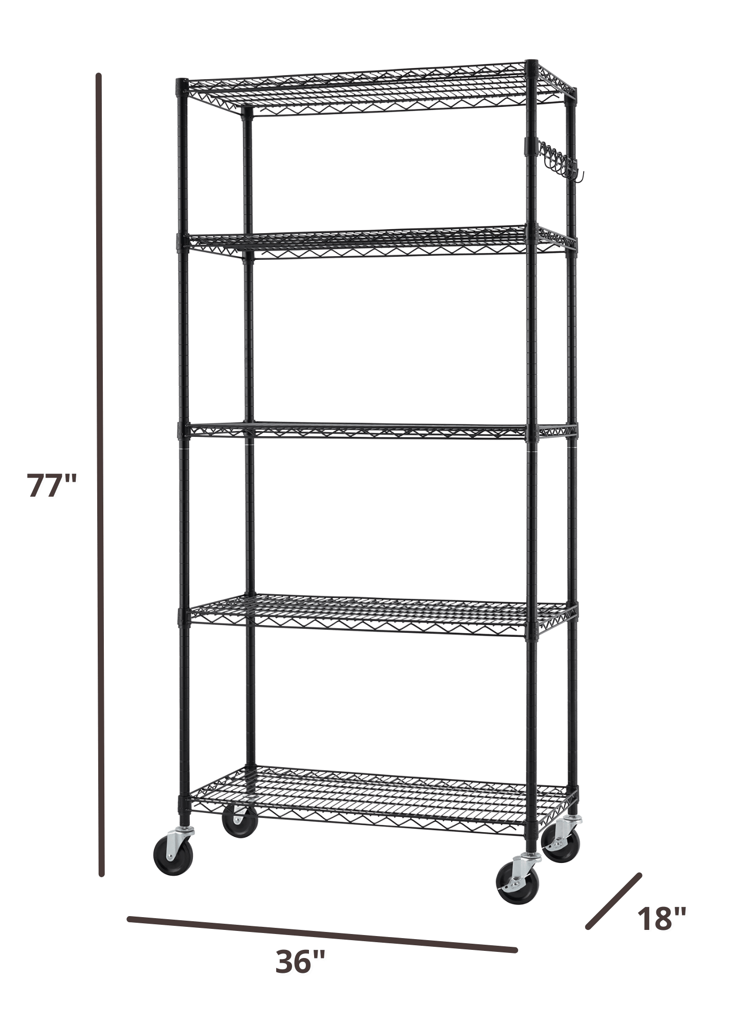 77 inches tall by 36 inches wide black wire shelving rack with wheels