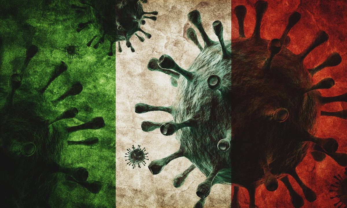 Microscopic Coronavirus Image on top of the Flag of Italy