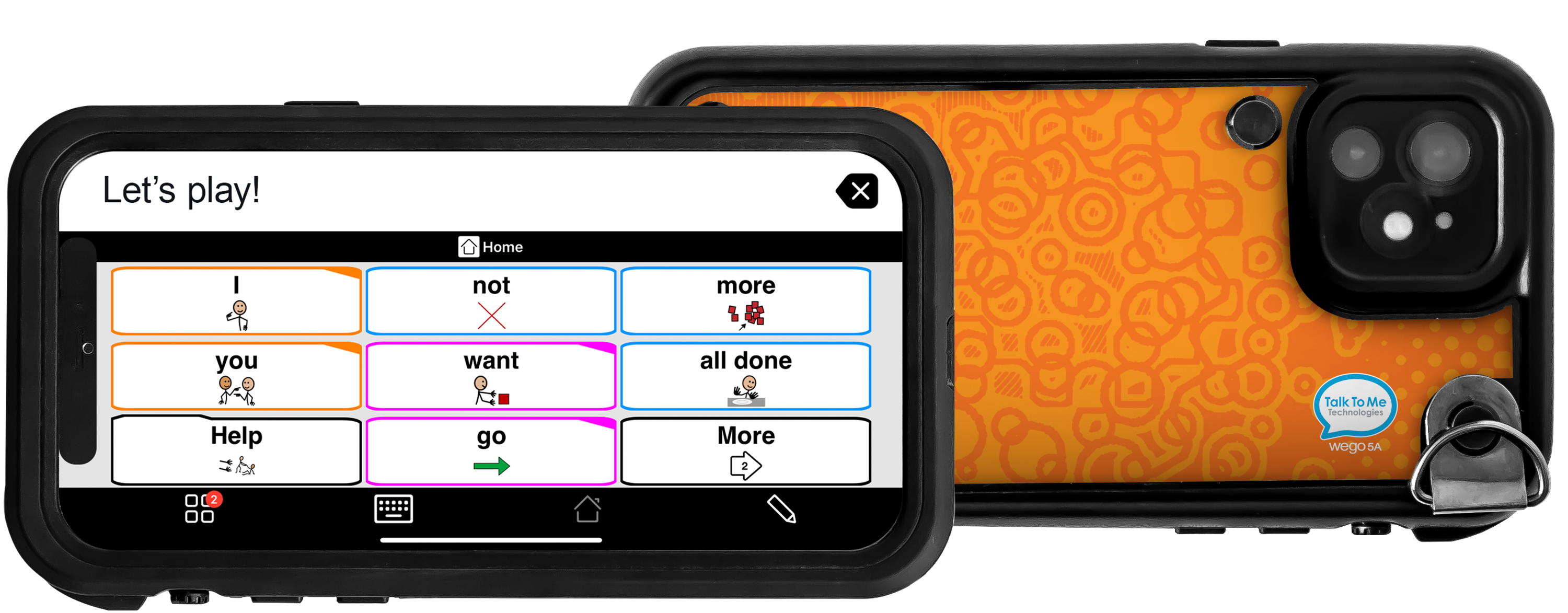 front and back view of wego 5A with proloquo2go vocab and tangerine orange skin