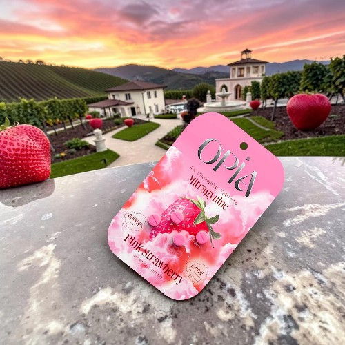A nail polish bottle in a scenic vineyard at sunset.