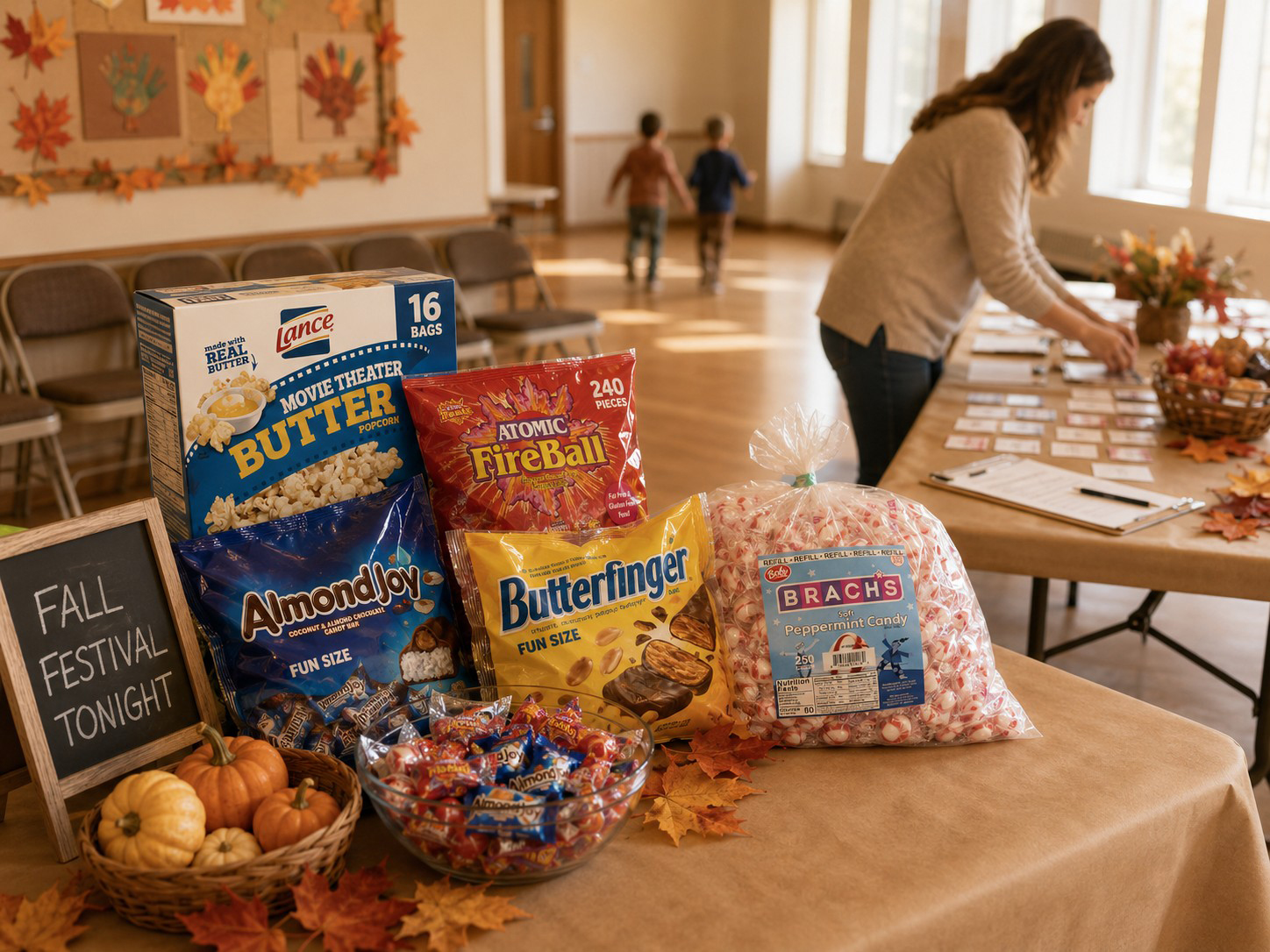The Trunk-or-Treat Hero bundle staged on a folding table in a church fellowship hall, with a 'Fall Festival Tonight' chalkboard sign and volunteers setting up in the background: Lance Movie Theater Butter Popcorn, Almond Joy and Butterfinger fun size, Atomic FireBalls, and Brach's Soft Peppermint Candy